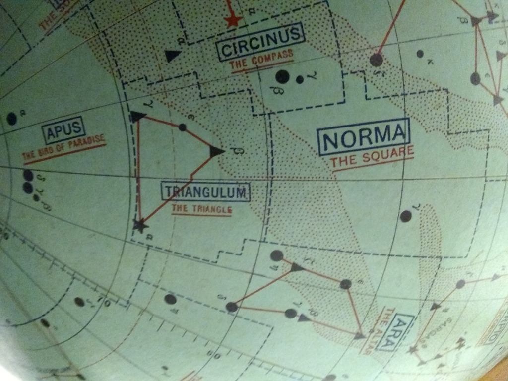 Triangulum and Norma on a celestial globe.