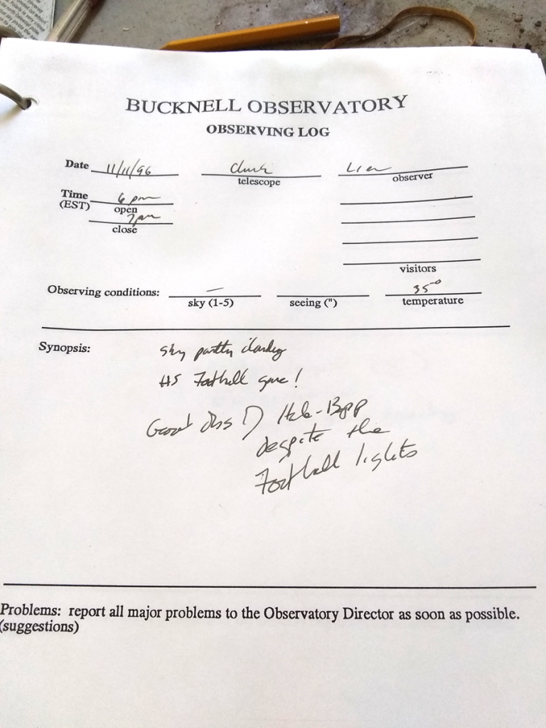 Observatory log sheet