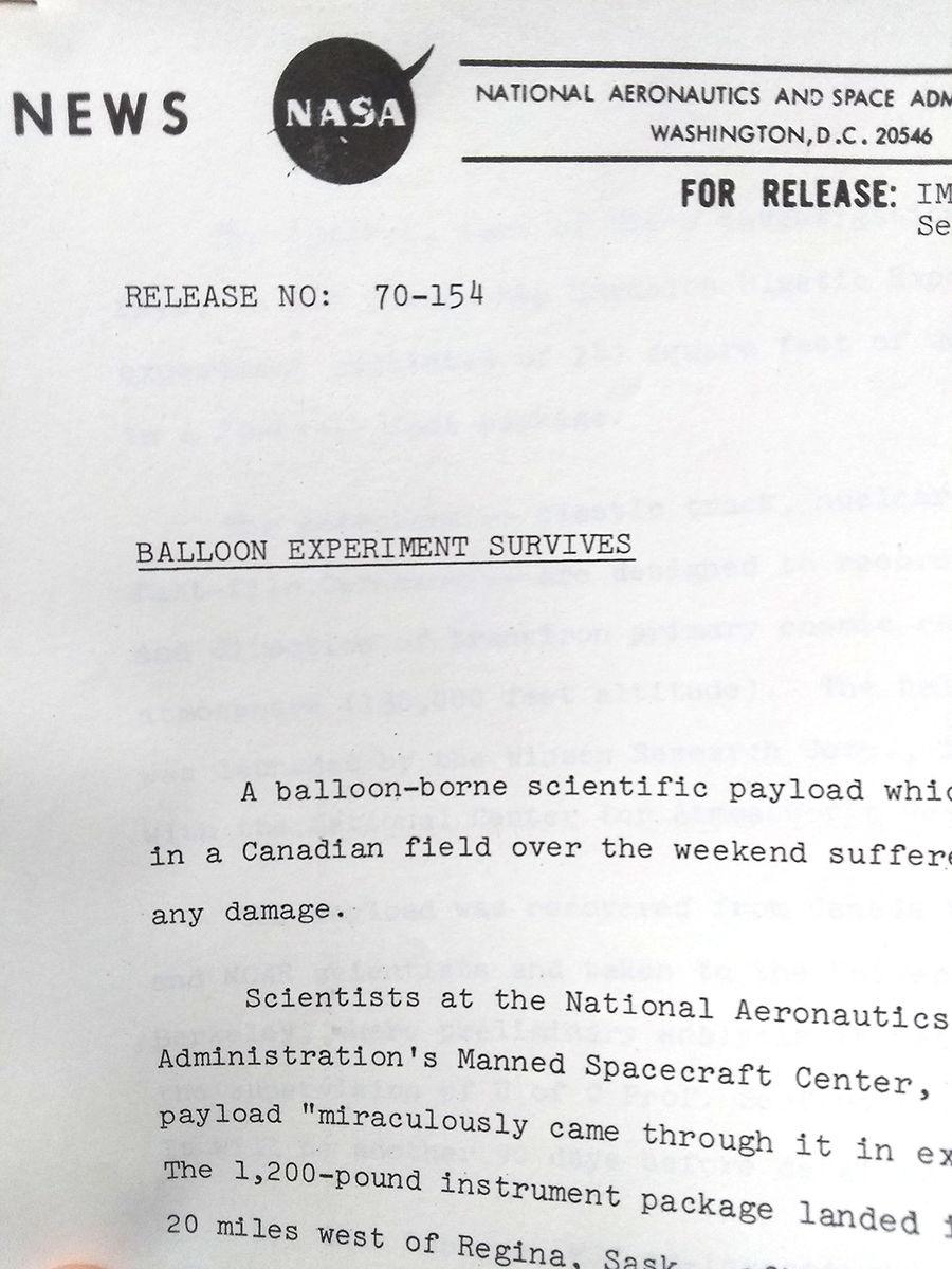 Press release: "Balloon Experiment Survives"