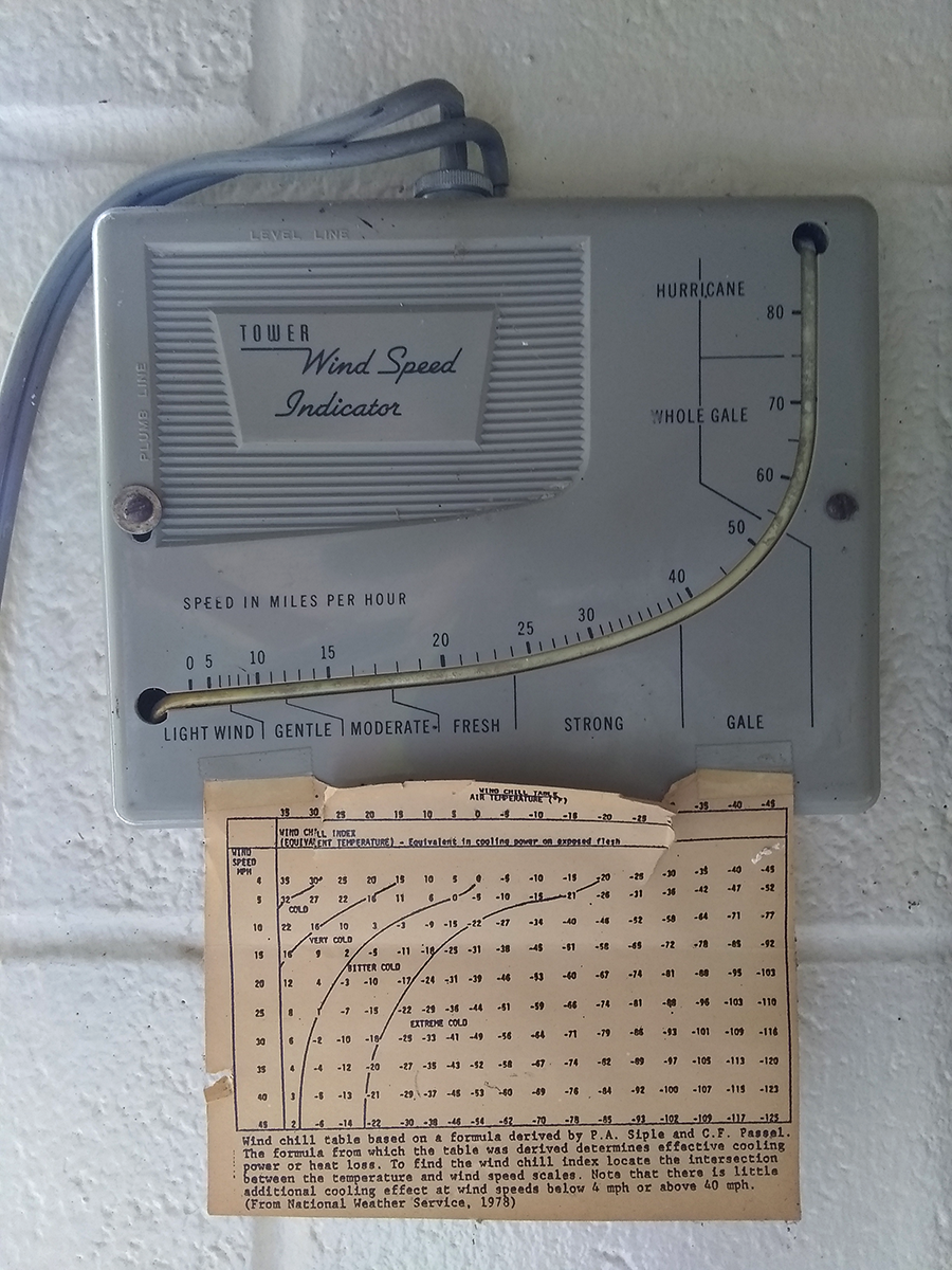 Wind speed indicator with wind chill chart