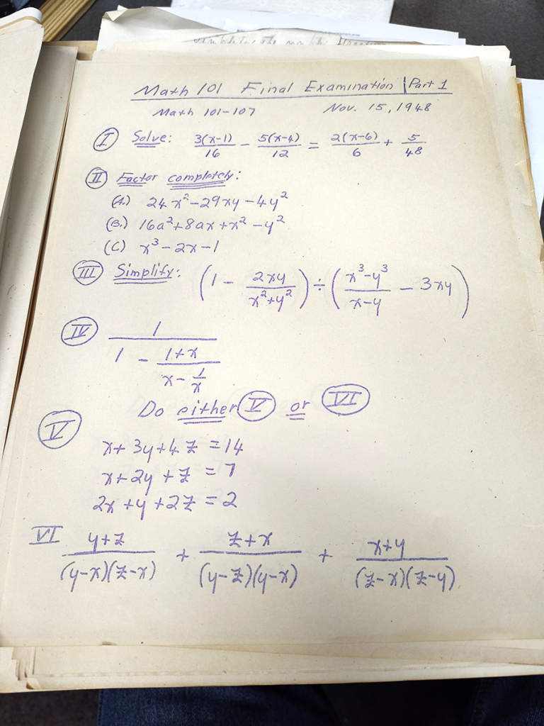 Ditto of Math 101 final exam, part 1, from November 15, 1948