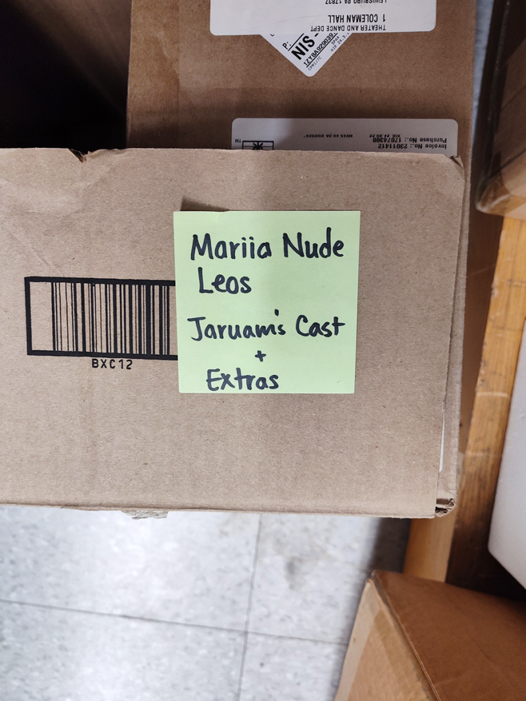 Box with Post-It note reading "Mariia Nude Leos / Jaruam's Cast + Extras"