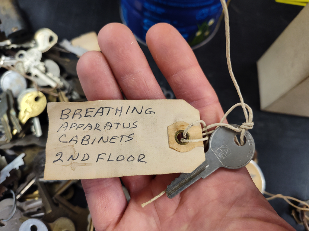 Handwritten key tag reads "Breathing Apparatus Cabinets 2nd Floor"