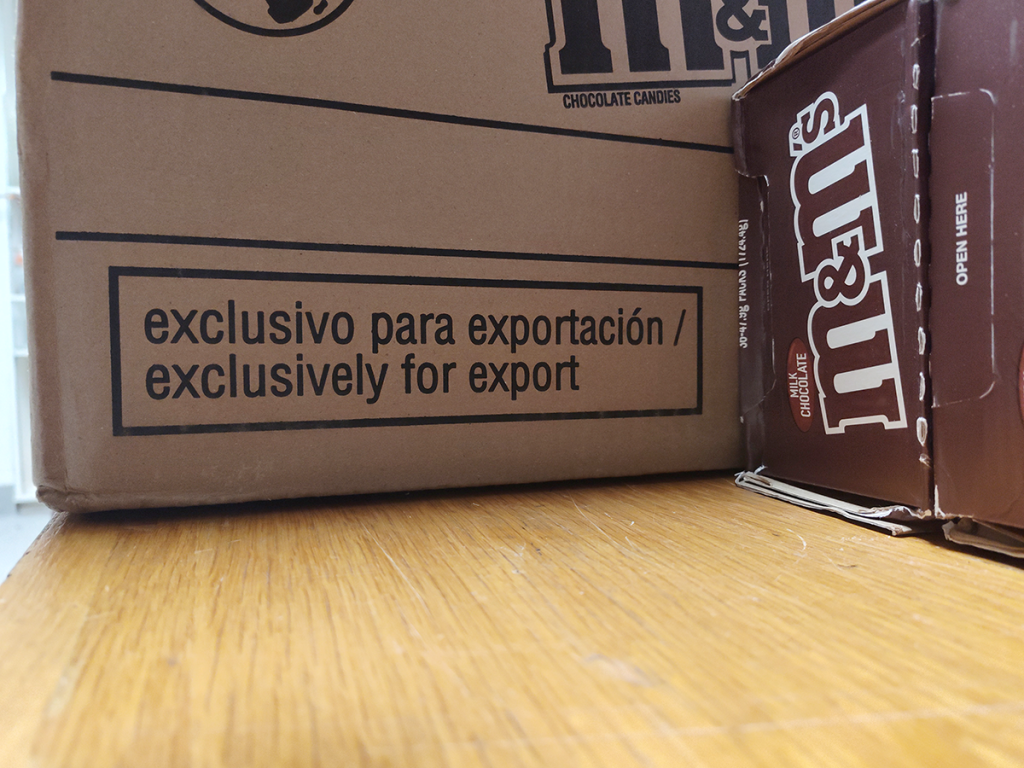 Boxes of M&Ms candy marked "exclusively for export"