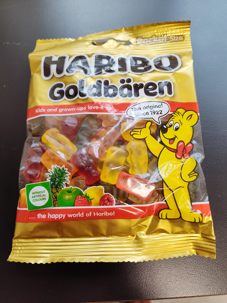 A bag of Haribo gummi bears.