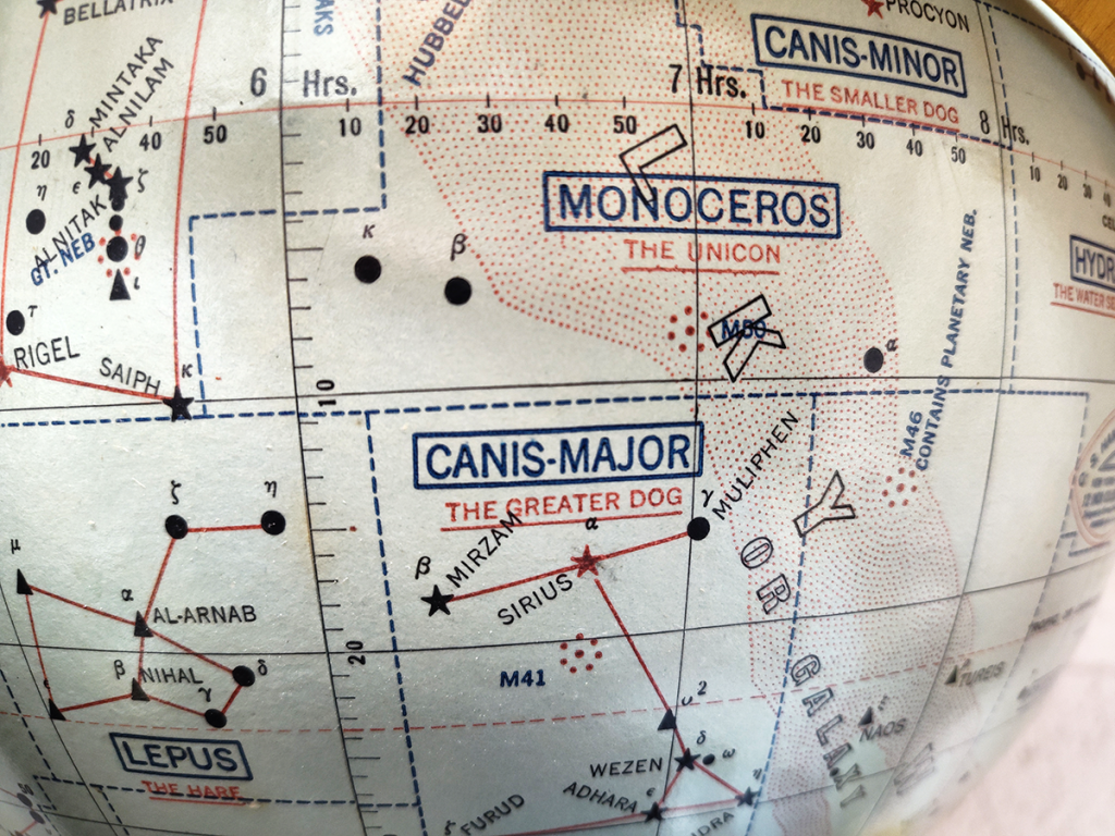 Celestial globe, showing several constellations, including Canis Major.